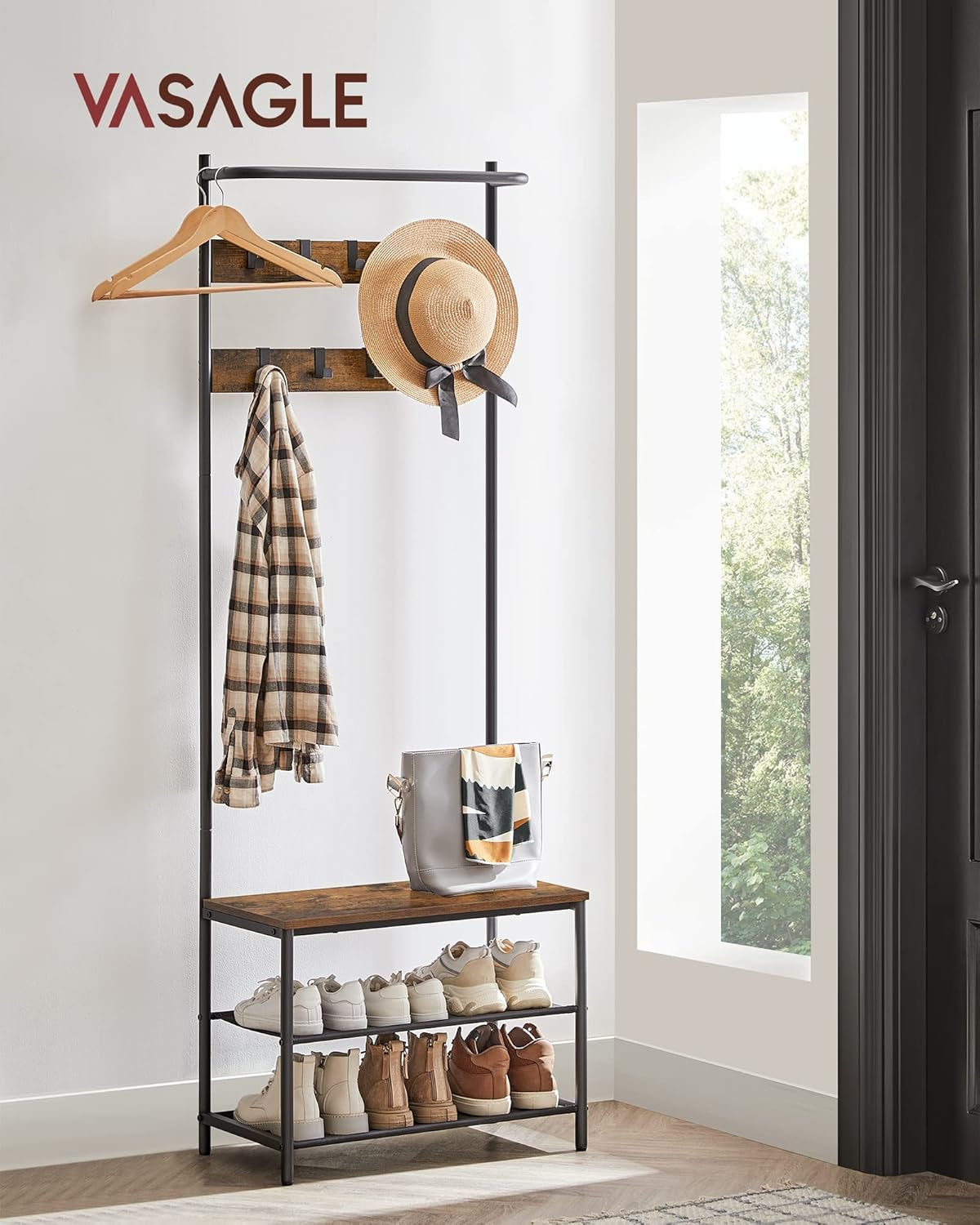 Hall Tree with Bench and Shoe Storage, Entryway Bench with Coat Rack Stand and Shoe Rack, 9 Movable Hooks, Top Bar, Fabric Shelves, Industrial, Rustic Brown and Black UHSR411B01