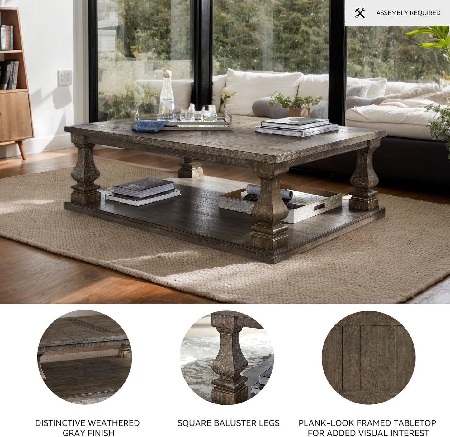 Johnelle Farmhouse Coffee Table with Weathered Gray Finish, Gray