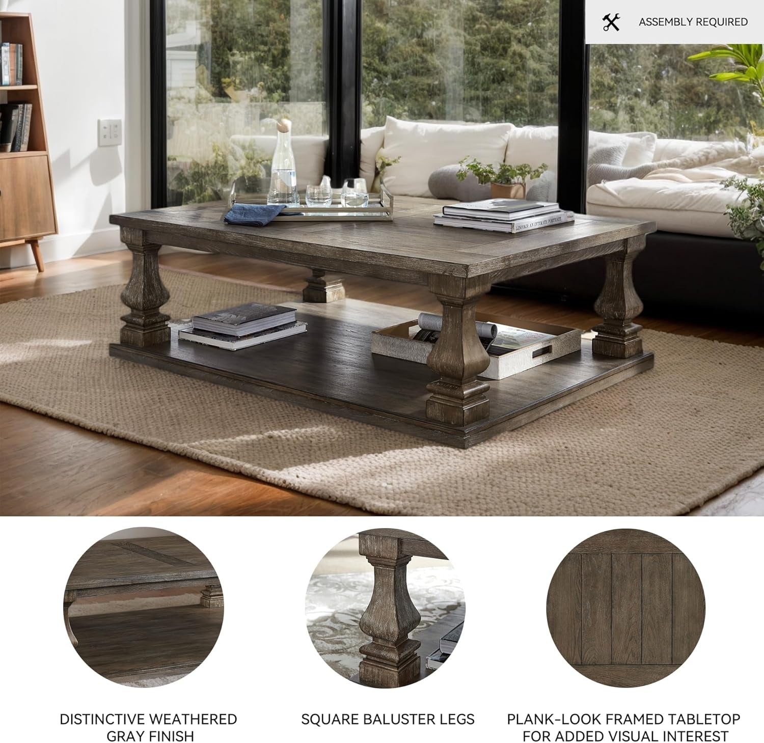 Johnelle Farmhouse Coffee Table with Weathered Gray Finish, Gray