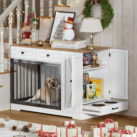 Dog Crate Furniture, Dog Crate for Small to Large Dogs with Storage Cabinet and Feeder, Dog Kennel Furniture with Double Doors for Small/Medium/Large Dog