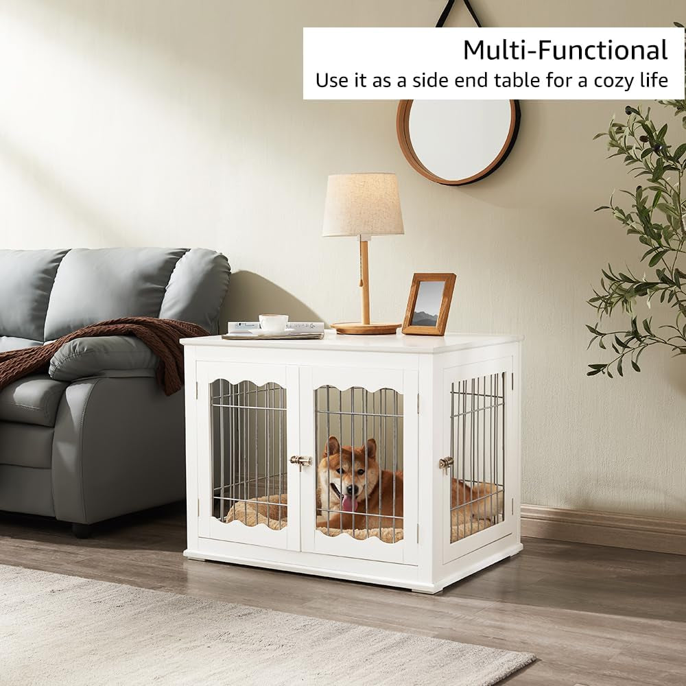32 Inch Furniture Style White Dog Crate for Medium Dogs, Indoor Aesthetic Puppy Kennel, Modern Decorative Wood Wire Pet House Dog Cage, Pretty Cute End Side Table Nightstand…