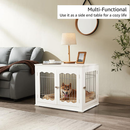 36 Inch Furniture Style Dog Crate End Table with Cushion, Wooden Wire Pet Kennels with Double Doors, Large Dog House Indoor Use