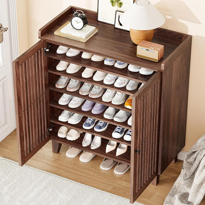 Shoe Cabinet with Slatted Doors, 6-Tier Shoe Storage Cabinet with Adjustable Shelves, Wooden Shoe Rack Organizer for Entryway, Hallway, Closet, Living Room, Walnut