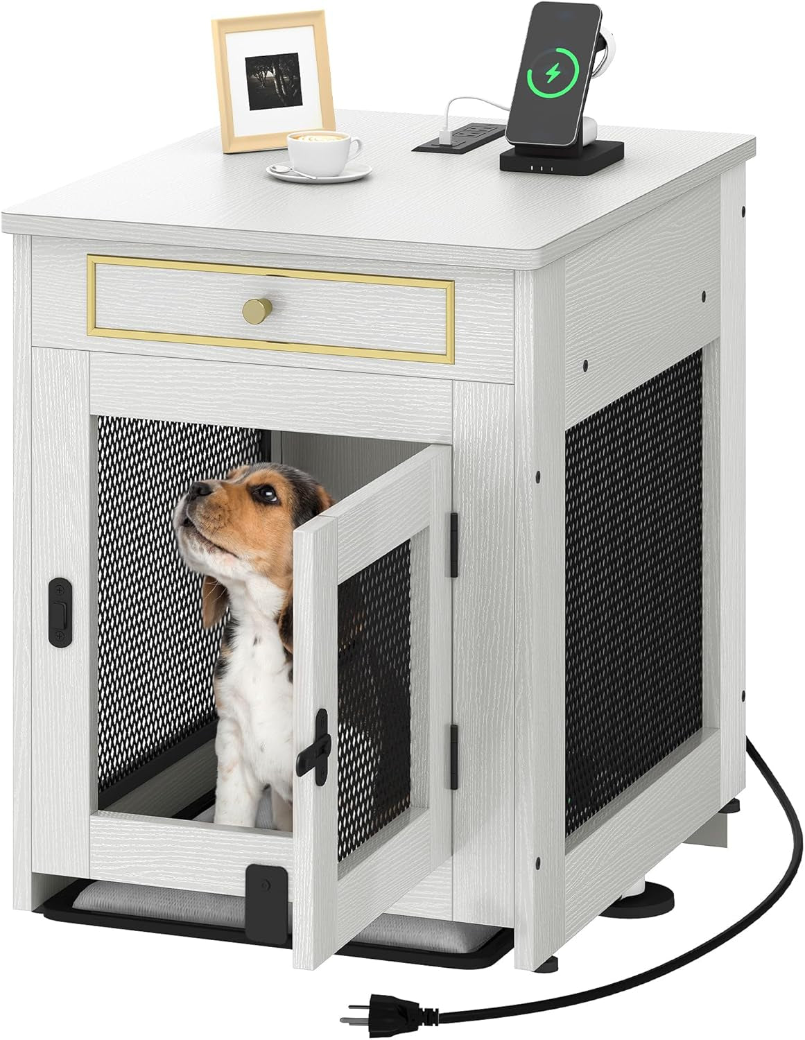 Dog Kennel Furniture with Dual USB Charger, Dog Crate End Table with Tray, Wooden Dog Crate Furniture with Cushion for Small Dogs, Black