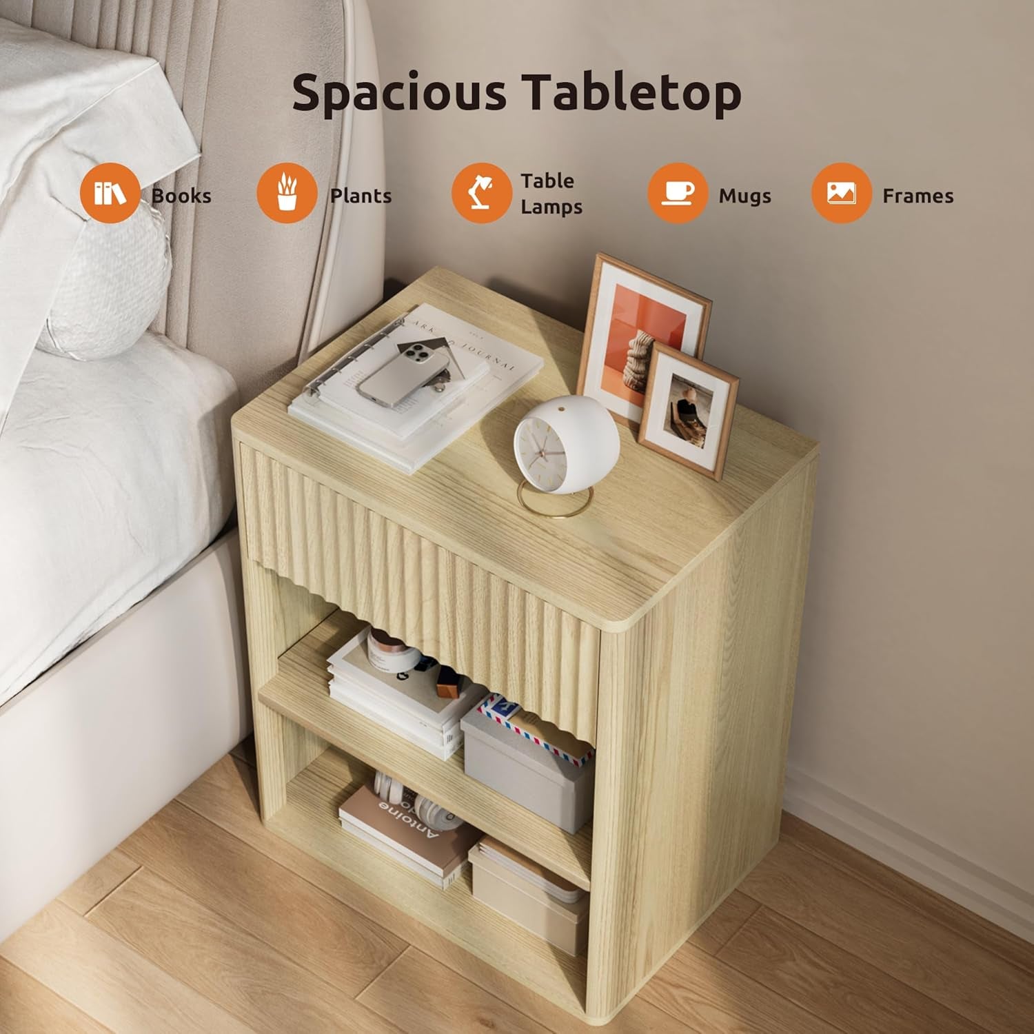 Nightstand Bedside Table Storage Drawer - Large Mid Century Modern Night Stand with Fluted Wood Drawer and Open Shelf Bed Side Table for Bedroom Study Room, Natural Oak