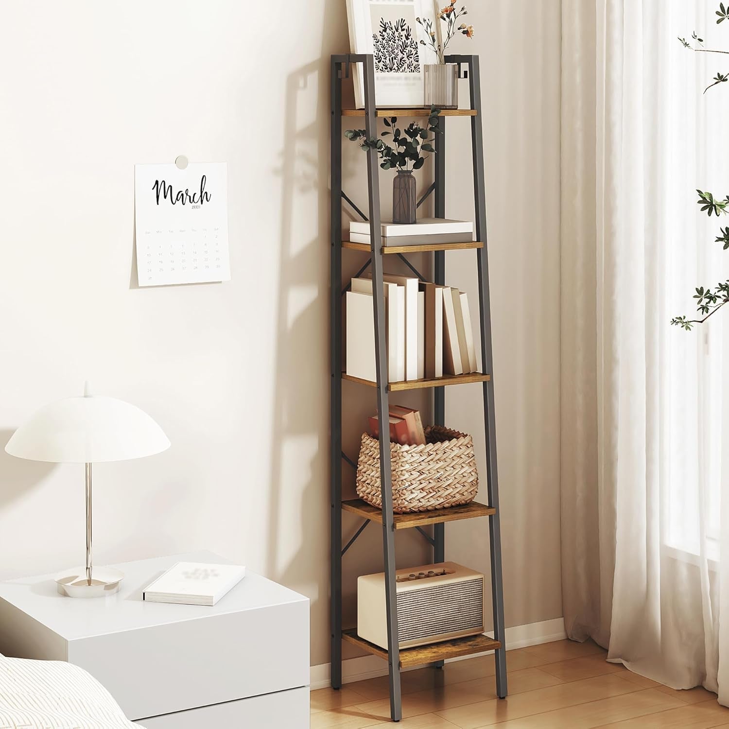 Ladder Shelf, Bookshelf Bookcase, Freestanding Corner Storage Shelve with 2 Hooks for Home Office, Living Room, Kitchen, Bedroom, Industrial, 11.8" D X 13.4" W X 63" H, Rustic Brown BC03201B