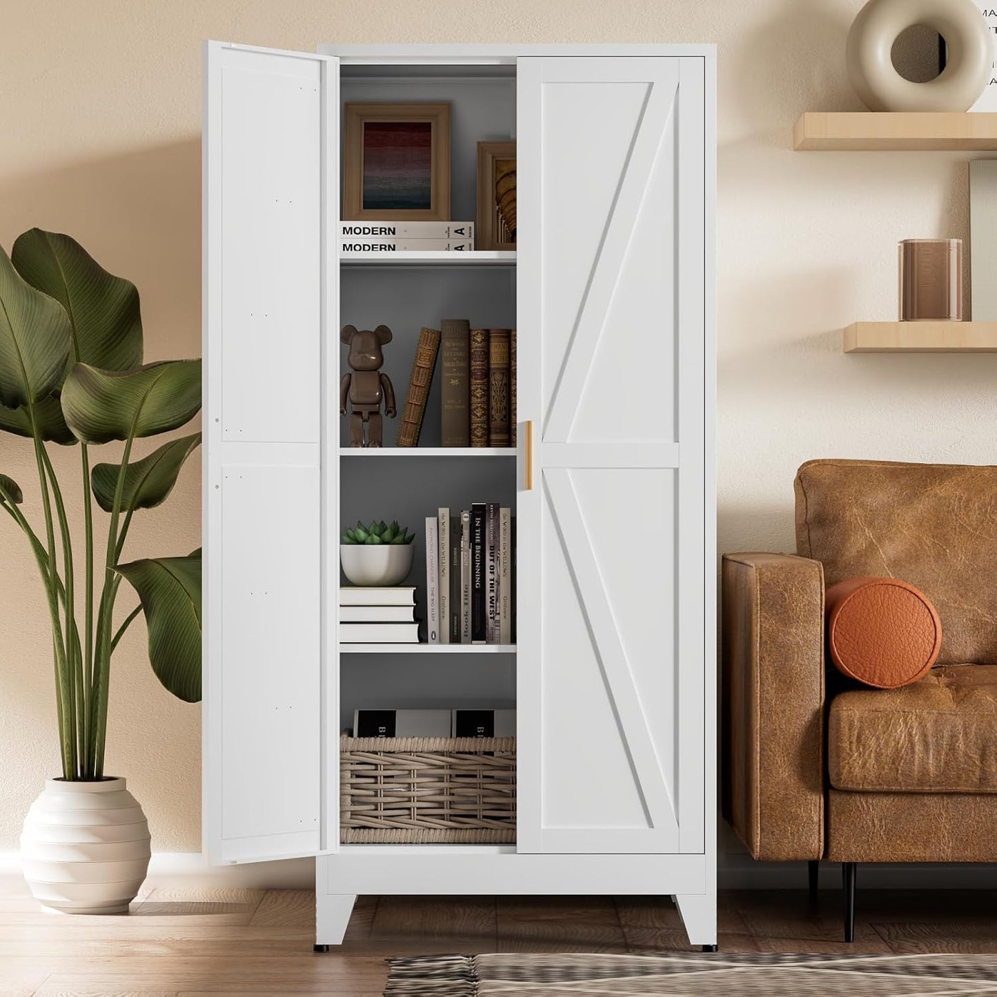 White Farmhouse Storage Kitchen Pantry Cabinet with 2 Barn Door, 3 Adjustable Shelves and Legs, for Cupboard/Dining Room/Bathroom/Living Room/Office/Laundry Room (White, 61" Farmhouse)