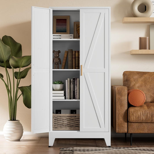 White Farmhouse Storage Kitchen Pantry Cabinet with 2 Barn Door, 3 Adjustable Shelves and Legs, for Cupboard/Dining Room/Bathroom/Living Room/Office/Laundry Room (White, 61" Farmhouse)