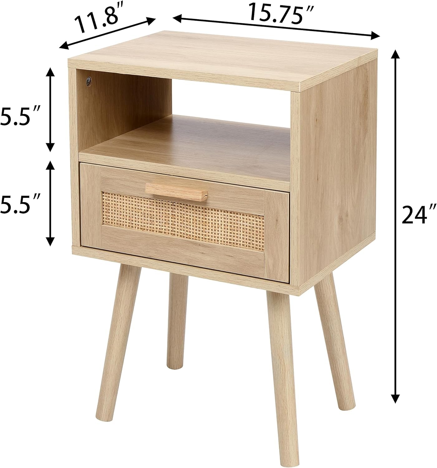Nightstands Set of 2, End Table, Nightstand, Side Table with Hand Made Rattan Decorated Drawers, Wood Accent Table with Storage for Bedroom, Natural