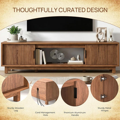 Fluted TV Stands for Living Room, 70" Mid Century Modern Entertainment Center with Storage, Brown Walnut TV Console for 65/75/80 Inch TV, Wood Television Media Cabinet for Bedroom