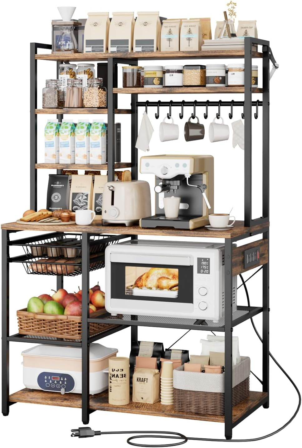 Kitchen Bakers Rack with Power Outlets, 35.4X15.7X70.9 Inch Microwave Stand with Built-In Power Strip & 5 Ft Cord, 10 S-Shaped Hooks, for Dish Storage, Spice Jars, Coffee Bar Organization