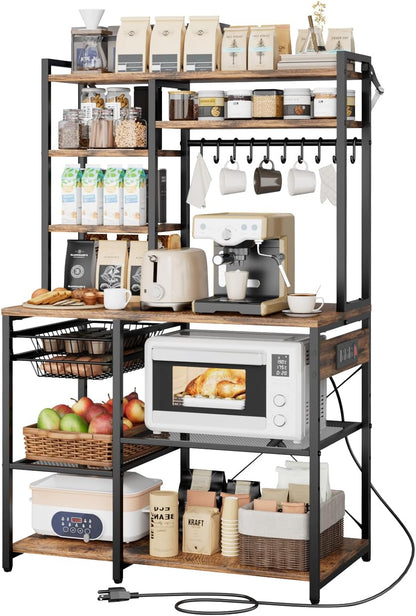 Kitchen Bakers Rack with Power Outlets, 35.4X15.7X70.9 Inch Microwave Stand with Built-In Power Strip & 5 Ft Cord, 10 S-Shaped Hooks, for Dish Storage, Spice Jars, Coffee Bar Organization