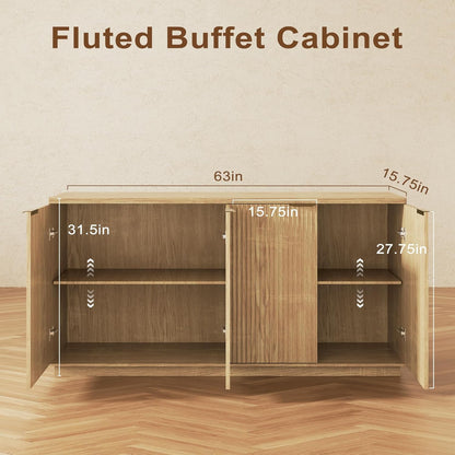 Fluted Sideboard Buffet Cabinet, 63" Wooden Credenza Storage Cabinet with 4 Doors and Adjustable Shelves, Fluted Sideboard Cabinet for Kitchen, Living Room, Natural Oak