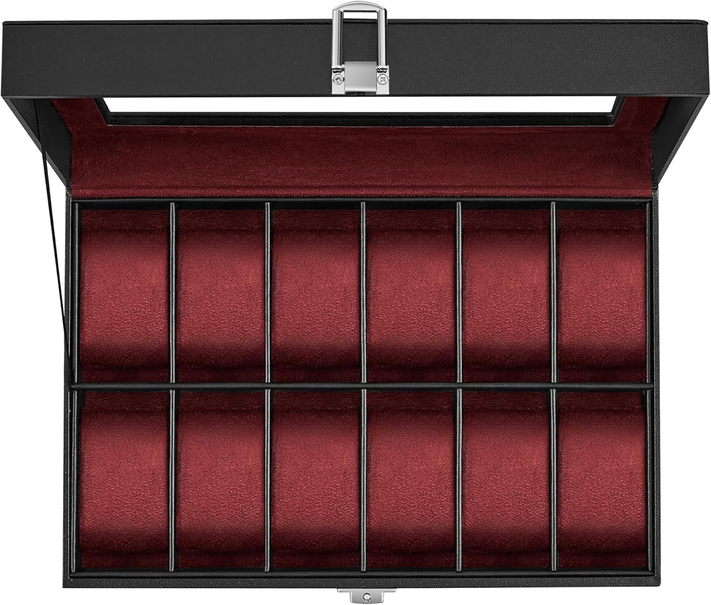 Watch Box, 12-Slot Watch Case with Large Glass Lid, Removable Watch Pillows, Watch Box Organizer, Gift for Loved Ones, Black Synthetic Leather, Wine Red Lining UJWB120R01