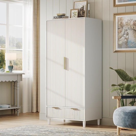 Fluted Wardrobe Closet Armoire with Doors and Drawers, White Wardrobe Cabinet with Hanging Rack, Bedroom Closet Wood, Free Standing Armoire with Shelf and Solid Wood Legs, 31.5"W*19.7"D*69.3"H