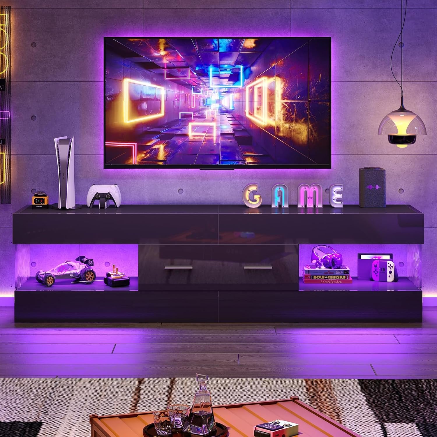 Black TV Stand for 55/60/65 Inch TV, High Gloss Modern TV Stand with Stone-Patterned Side Panels, LED Entertainment Center with Large Drawer, TV Consoles for Living Room, Bedroom