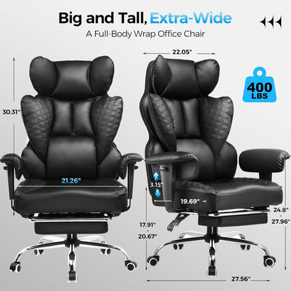 Big and Tall Office Chair Heavy Duty Wide Ergonomic Gaming Chair with Deluxe Embossing Designed Leather with Foot Rest,150°Reclining Adjustable Armrests Pocket Spring Back Support and Pillow