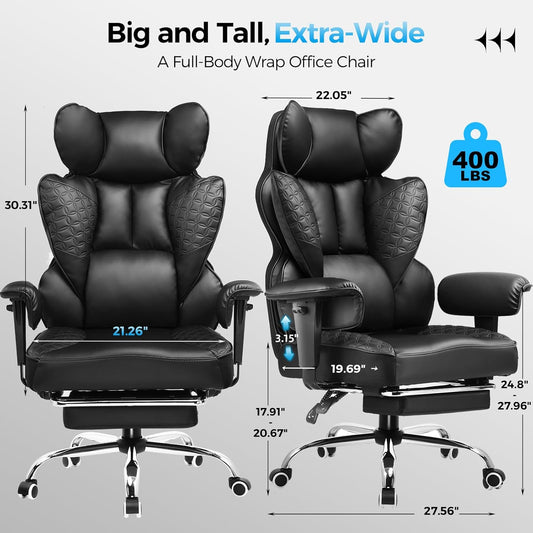 Big and Tall Office Chair Heavy Duty Wide Ergonomic Gaming Chair with Deluxe Embossing Designed Leather with Foot Rest,150°Reclining Adjustable Armrests Pocket Spring Back Support and Pillow
