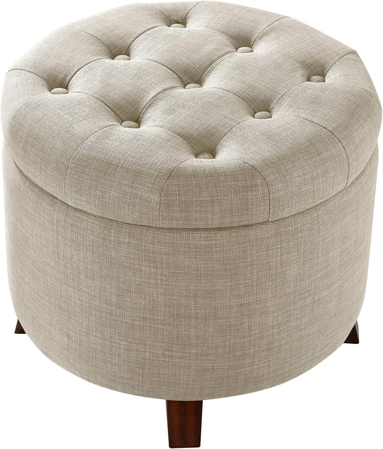 round Storage Ottoman Foot Rest, Button Tufted Upholstered Footstool with Storage, Sturdy Linen Fabric for Living Room and Bedroom, 20" X 17", Beige