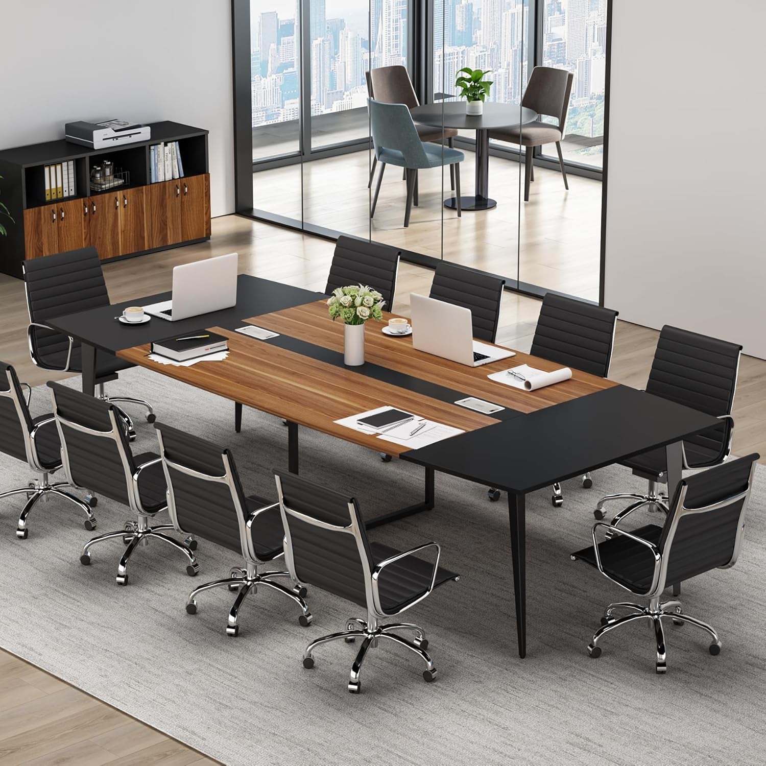 8FT Conference Table, 94.48L X 47.24W X 29.52H Inches Boat Shaped Meeting Table with Rectangle Grommet, Modern Seminar Boardroom Table for Office Conference Room (8Ft, Walnut & Black)