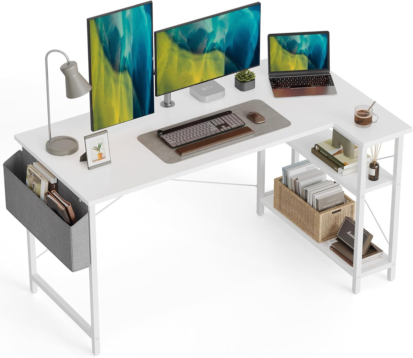 L Shaped Desk, 55 Inch Computer Desk with Reversible Storage Shelves Home Office Corner Desk Study Writing Table, White