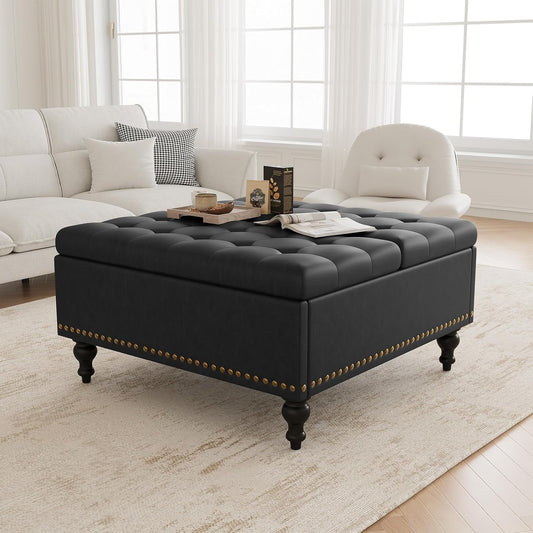 Versatile Lift-Top Ottoman, Multi-Function Storage Bench and Coffee Table in Leather for Living Room or Bedroom, Easy-To-Assemble, Black