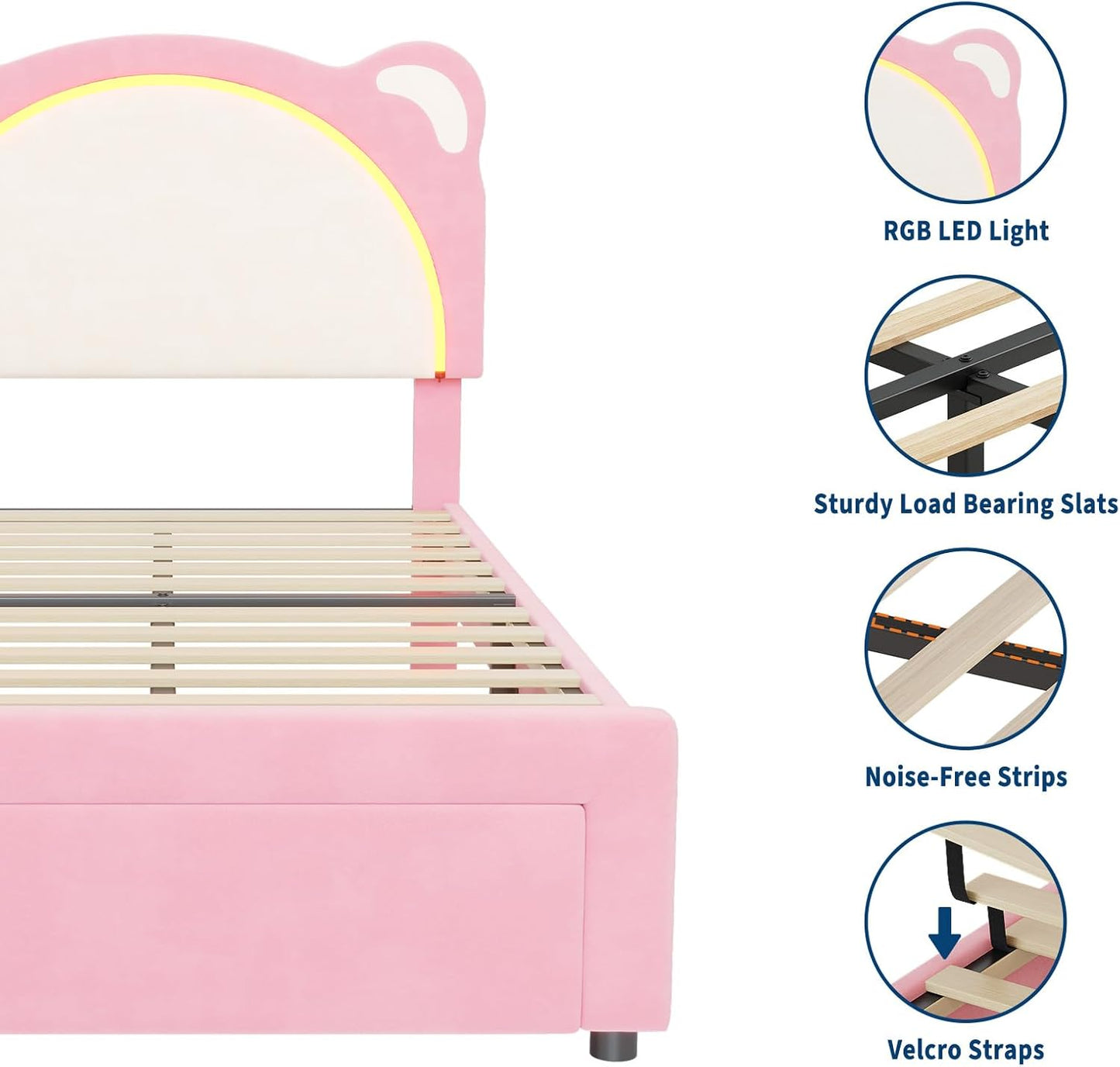 Twin Size LED Bed Frame with Storage Drawers,Adjustable Headboard with Cute Bear Design,Soft Velvet Fabric Bed Frame for Kids,Solid Wood Slat Support,Noise-Free,Easy Assembly,Pink