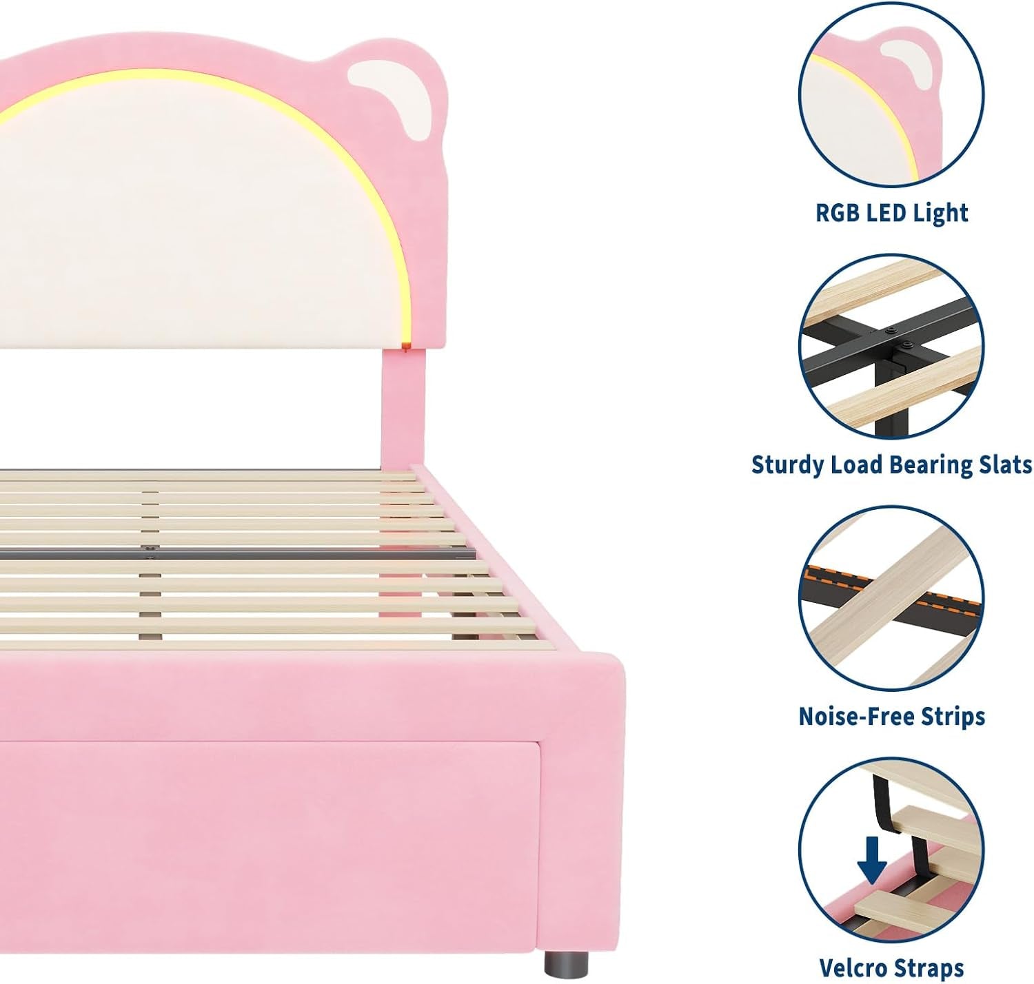 Twin Size LED Bed Frame with Storage Drawers,Adjustable Headboard with Cute Bear Design,Soft Velvet Fabric Bed Frame for Kids,Solid Wood Slat Support,Noise-Free,Easy Assembly,Pink