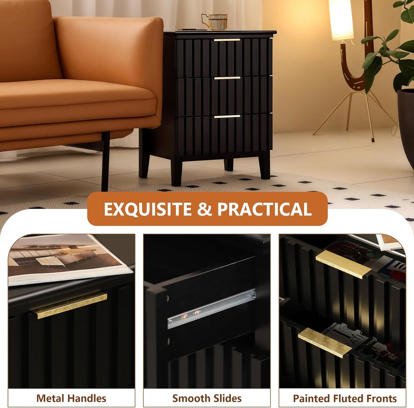 3 Piece Dresser and Nightstand Sets Modern Fluted Bedroom Set with 6 Drawer Dresser & 2 Nightstands,Mdf Wood, Gold Handles, Black Finish, Storage Furniture for Bedroom, Closet, Apartment