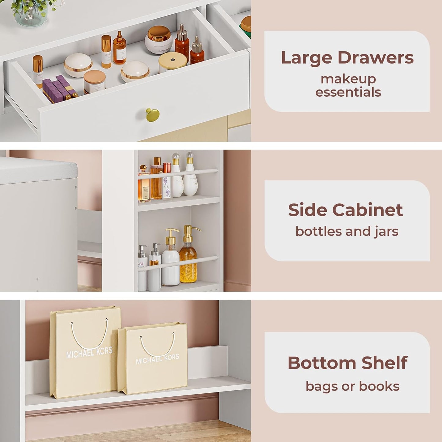 Vanity Desk with Mirror, Compact Makeup Vanity Table with 2 Large Drawers, Shelves, Power Outlet and Side Drawers, 3 Color Modes Adjustable Bulb, Bench Included, White