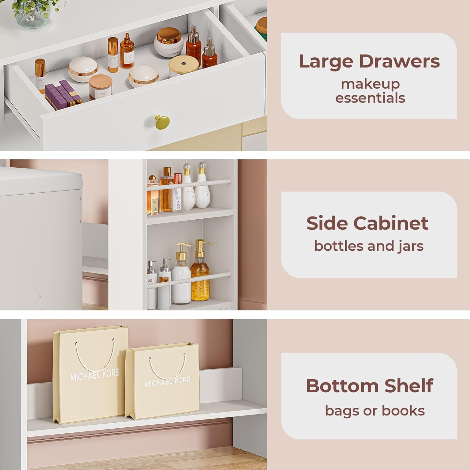 Vanity Desk with Mirror, Compact Makeup Vanity Table with 2 Large Drawers, Shelves, Power Outlet and Side Drawers, 3 Color Modes Adjustable Bulb, Bench Included, White