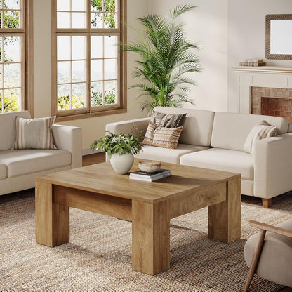 Square Coffee Table, 39-Inch Farmhouse Wooden Coffee Table with Sturdy Legs, Rustic Accent Center Table for Living Room, Easy Assembly, Light Brown
