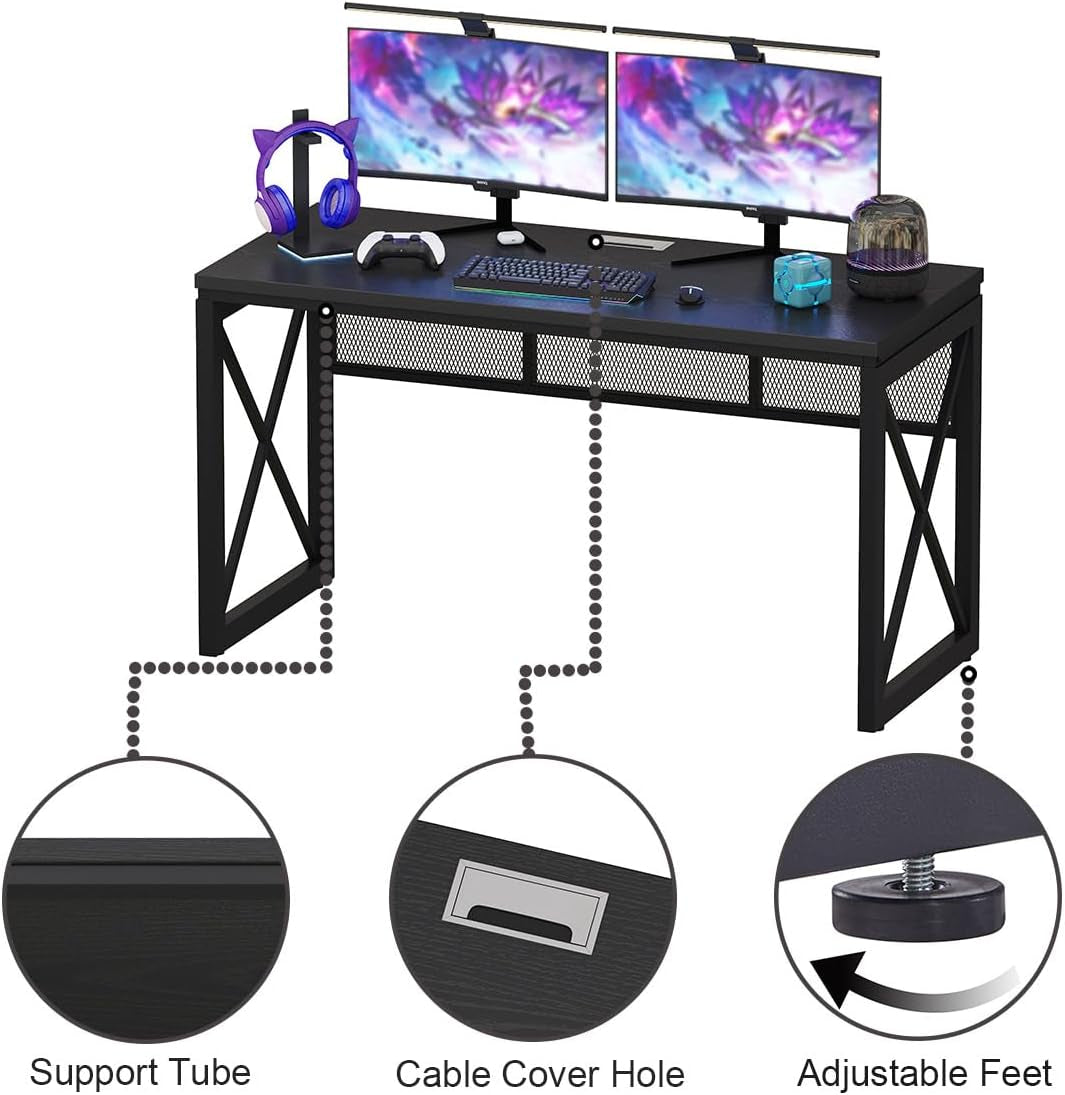 Black Computer Desk, Modern Gaming Desk, Industrial Wood Office Desks, Sturdy Writing Desks for Home Office, Living Room, Study Workstation, Bedroom (Black, 54 Inch)