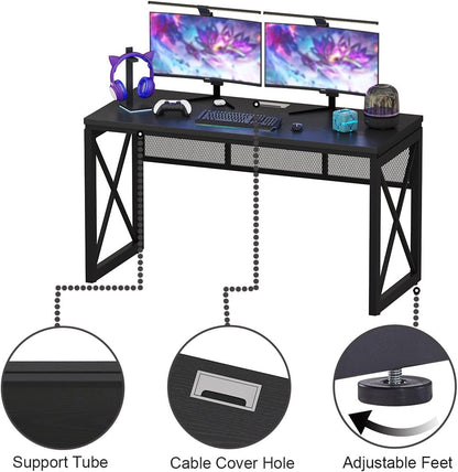 Black Computer Desk, Modern Gaming Desk, Industrial Wood Office Desks, Sturdy Writing Desks for Home Office, Living Room, Study Workstation, Bedroom (Black, 54 Inch)