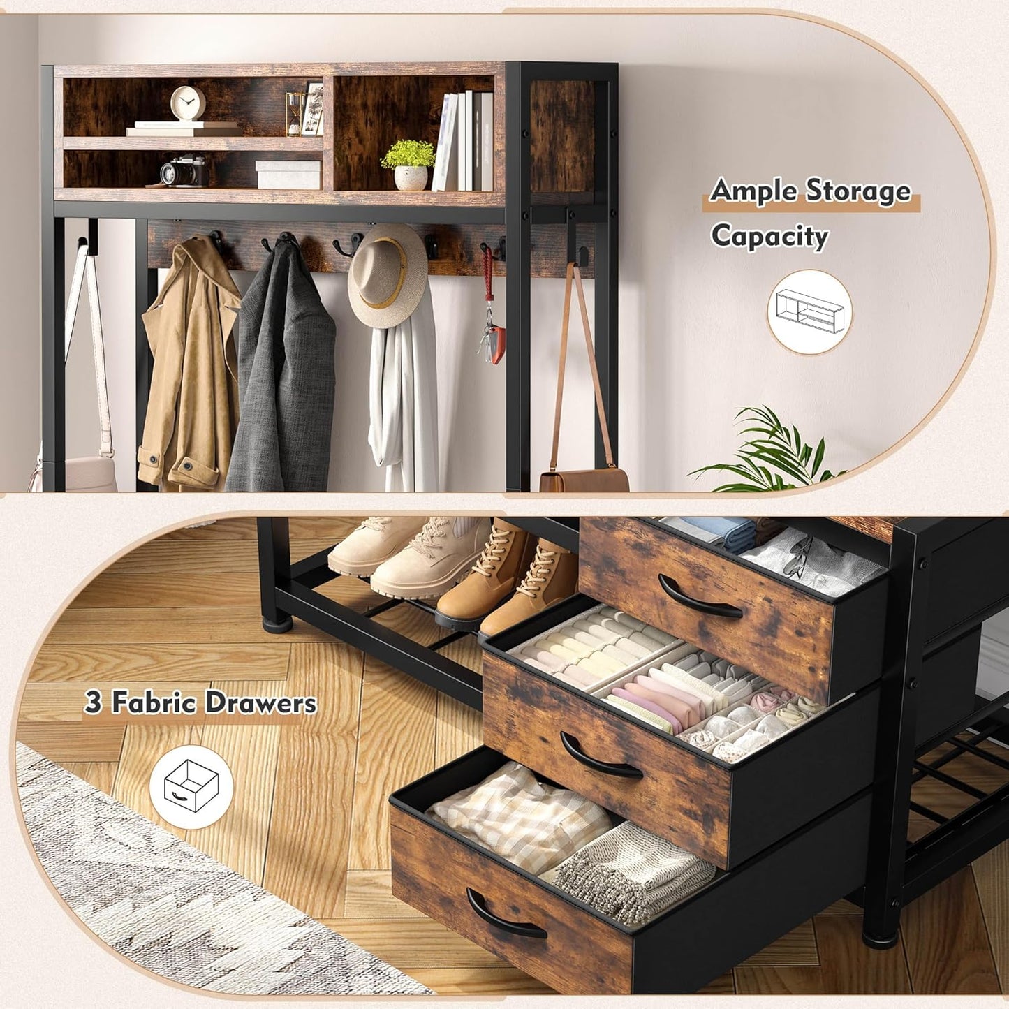 Hall Tree with Bench and Shoe Storage, Coat Rack Freestanding with 3 Fabric Drawers, Entryway Bench with Shoe Storage, Hall Tree with 12 Hooks for Hallway