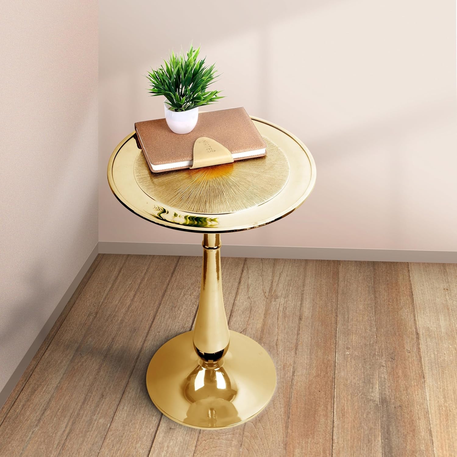 Gold round End Table – Modern Metal Accent Side Table with Embossed Top & Pedestal Base for Living Room, Bedroom, Entryway or Hallway, Electroplated Aluminum Design