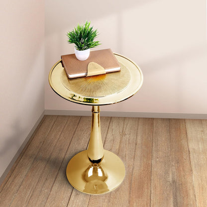 Gold round End Table – Modern Metal Accent Side Table with Embossed Top & Pedestal Base for Living Room, Bedroom, Entryway or Hallway, Electroplated Aluminum Design