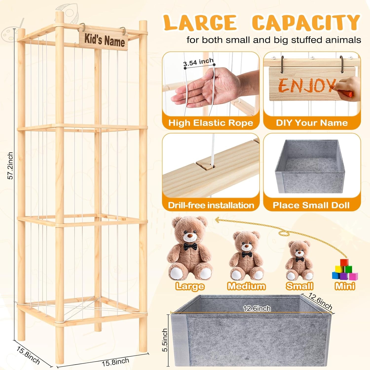 Stuffed Animal Storage with Tiny Toys Tray, 57In Large Wooden Stuffy Plushies Storage Holder Extra Large Capacity Stuffed Animals Zoo Organizer for Toddler Rooms, Playrooms & Bedrooms