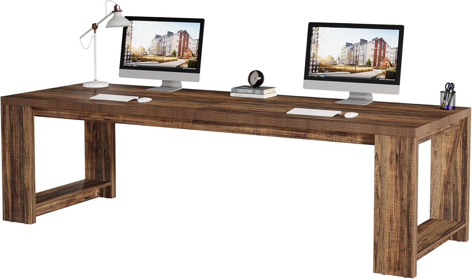 Two Person Desk, 86.6 Inches Extra Long Desk, Double Computer Writing Table, All Wood Large Desks Workstation for Home Office, Rustic Brown