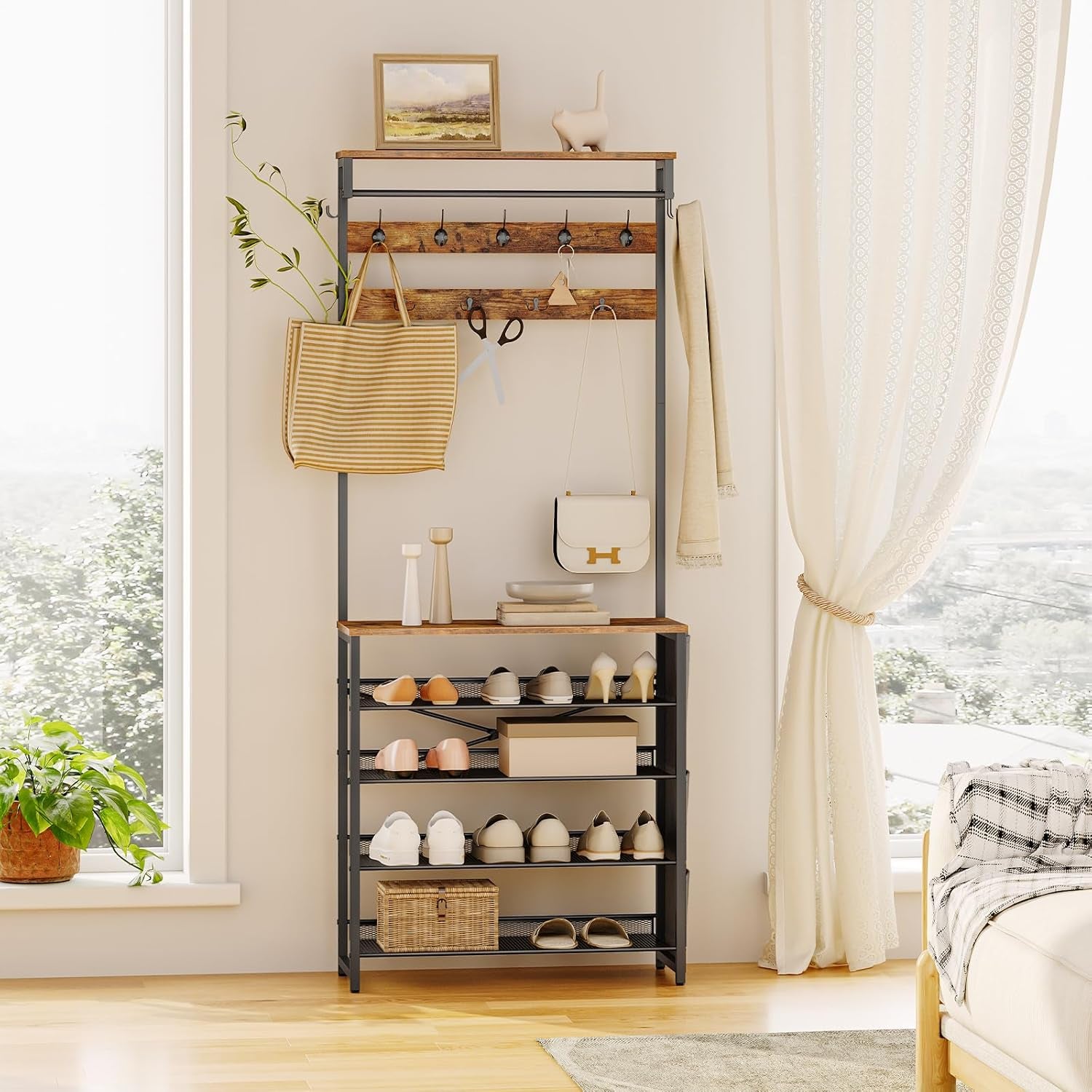 Hall Tree with Bench, Entryway Coat Rack with Shoe Rack, Shoe and Coat Rack, 5 Tier Shoe Storage Organizer with Oxford Fabric Side Pockets, Adjustable Mesh Shelves, Rustic Brown BF75MT01