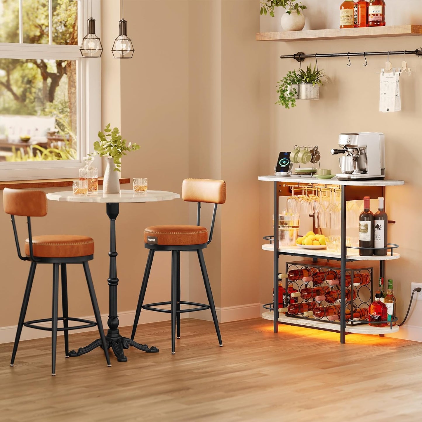 Bar Cabinets for Home, LED Coffee Bar with Power Outlets, Home Mini Bar for Liquor, Freestanding Wine Rack with Glass Holder, Kitchen, Dining Room, Rustic White ULWR007W01