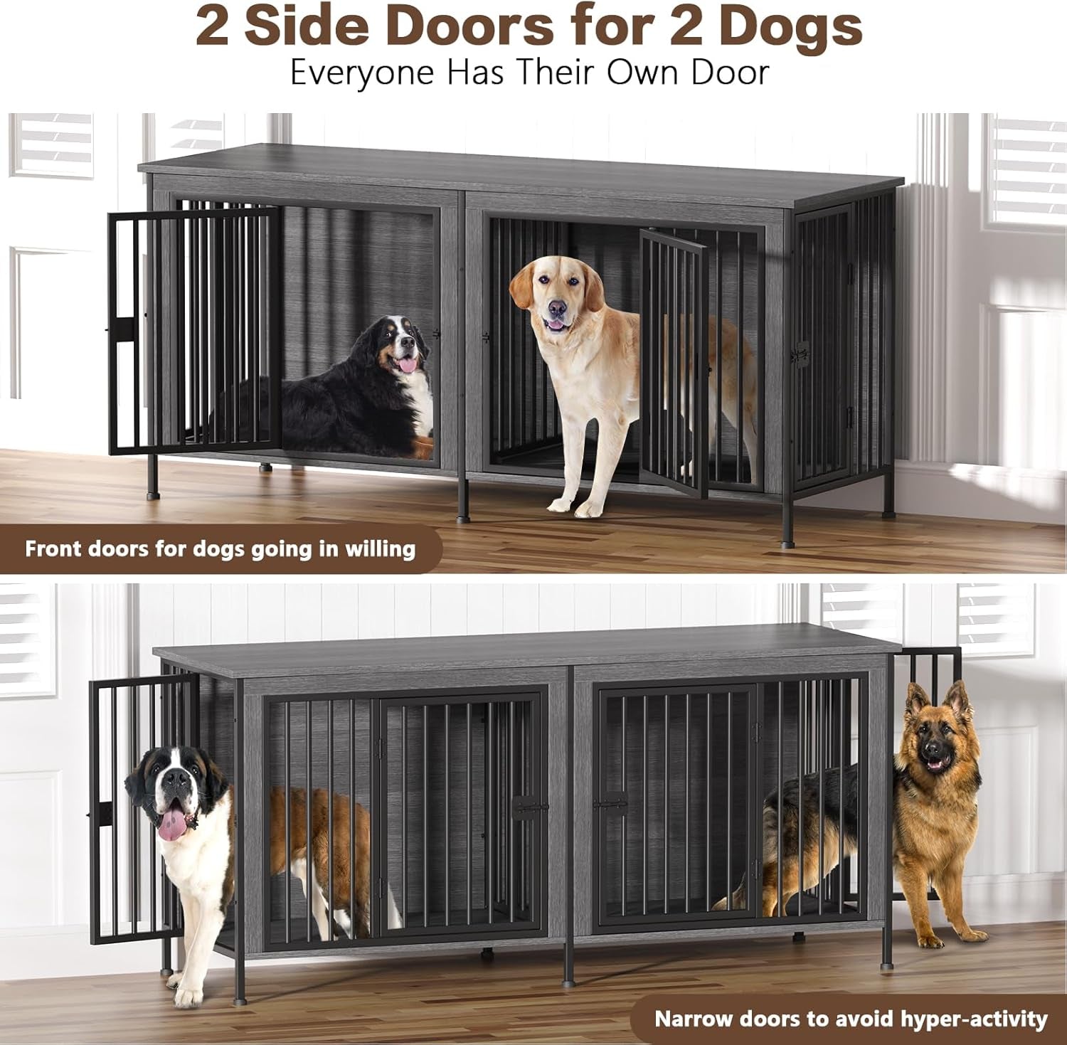 Dog Crate Furniture for 1 or 2 Dogs, Heavy Duty Single/Double Dog Crates for Small/Medium/Large Dogs, Dog Kennel Furniture Indoor as TV Stand, Large Size 78.74" L(35-60 Pounds), Dark Grey