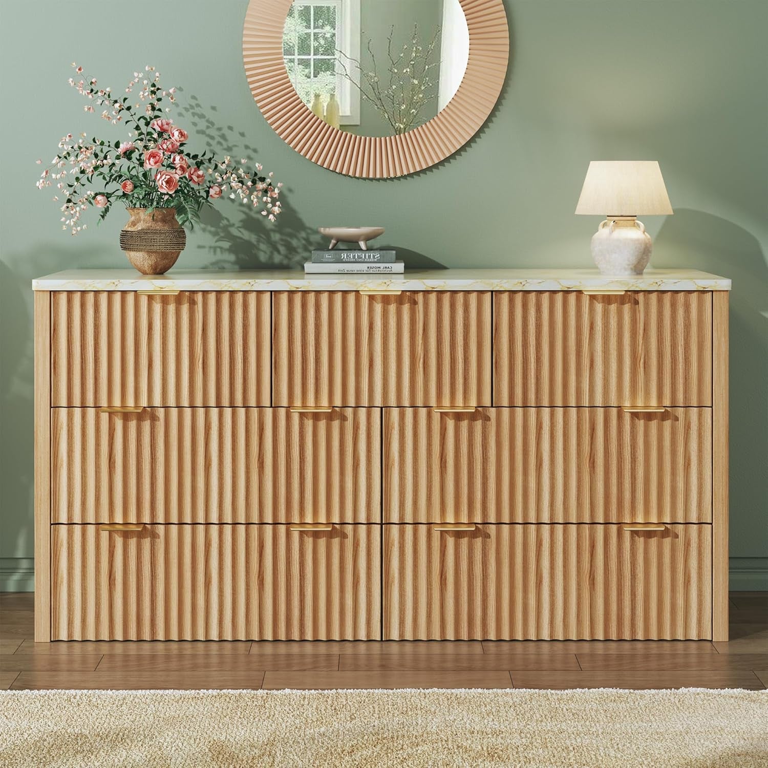 Fluted Dresser for Bedroom with 7 Drawers, 53" Wide Mid Century Modern Dressers with Faux Marble Top & Metal Handle, Wooden Chest of Drawers TV Stand, Natural Oak