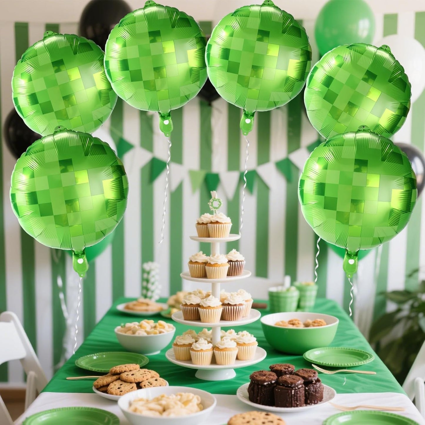 12Pcs Green Pixel Balloons, 18In Pixel Style Aluminum Film Foil Balloons with Ribbons & Straws for Theme Birthday Party Decorations