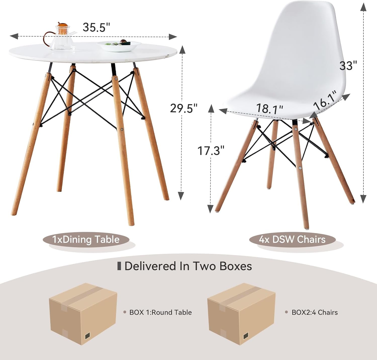 5-Piece round Dining Table Set, Small 35.5" Kitchen Table Chairs Set of 4 Space Saving Furniture, Plastic Seats, Solid Wood Legs, for Living Room Apartment Office Home, White