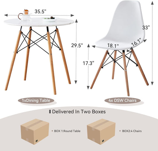 5-Piece round Dining Table Set, Small 35.5" Kitchen Table Chairs Set of 4 Space Saving Furniture, Plastic Seats, Solid Wood Legs, for Living Room Apartment Office Home, White