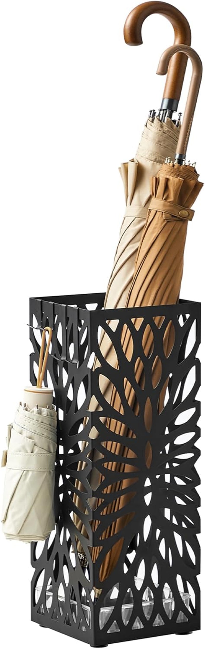 Umbrella Stand, Umbrella Holder for Entryway, Steel Square Umbrella Rack Organizer Freestanding, for Canes Walking Sticks, with a Detachable Drip Tray, 4 Hooks, Black ULUC026B33