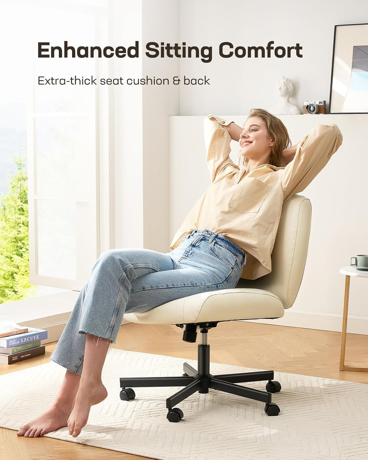 Criss Cross Chair with Wheels, Wide Mid-Back Comfy Armless Office Chair, Scratch-Resistant PVC Leather Cross Legged Desk Chair, Height Adjustable Vanity Computer Desk for Home Office