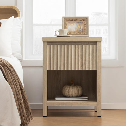 Fluted Night Stand Set of 2, Farmhouse Nightstands with Drawer, Boho Bedside Table with Storage Shelf, Large End Tables Bed Side Tables for Bedroom, Light Oak