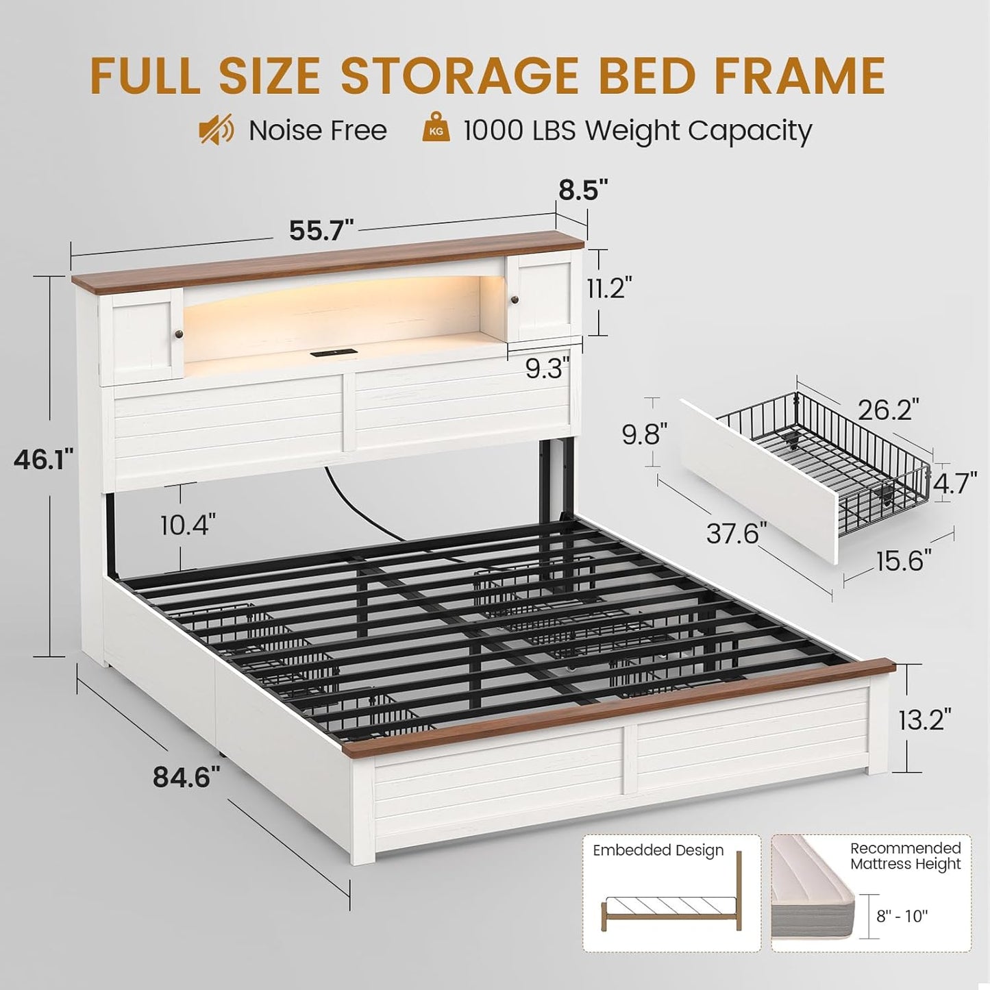 Farmhouse Bed Frame Full Size with Bookcase and Storage Cabinets Headboard, Wood Platform Bed with LED Lights, Charging Station, 4 Drawers, Decoration Footboard, No Box Spring Needed, White
